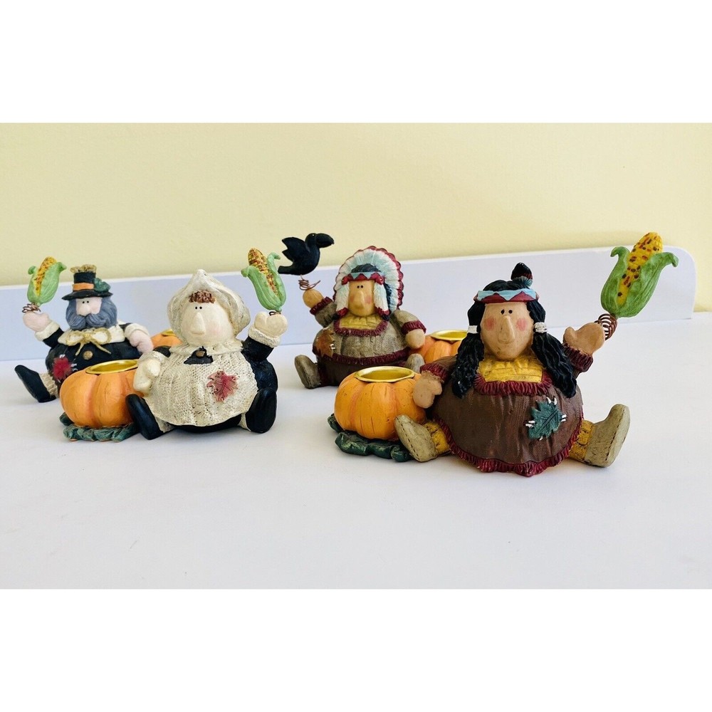 Thanksgiving Harvest Pilgrim & Native Americans Taper Candle Holder Set Of 4